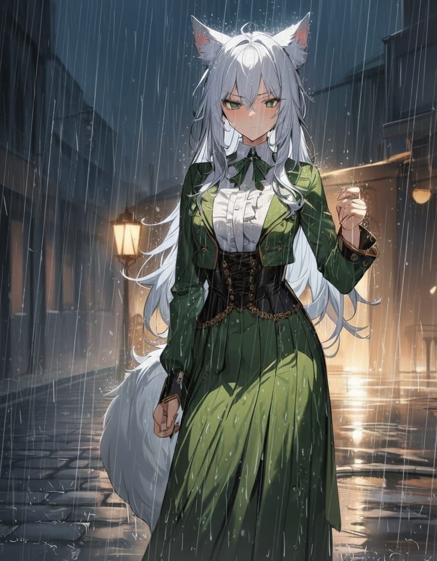 Steampunk Wolf Girl in Heavy Rain