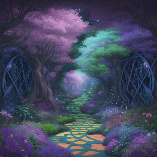 Dreamlike Garden Scene in Vibrant, Iridescent Hues