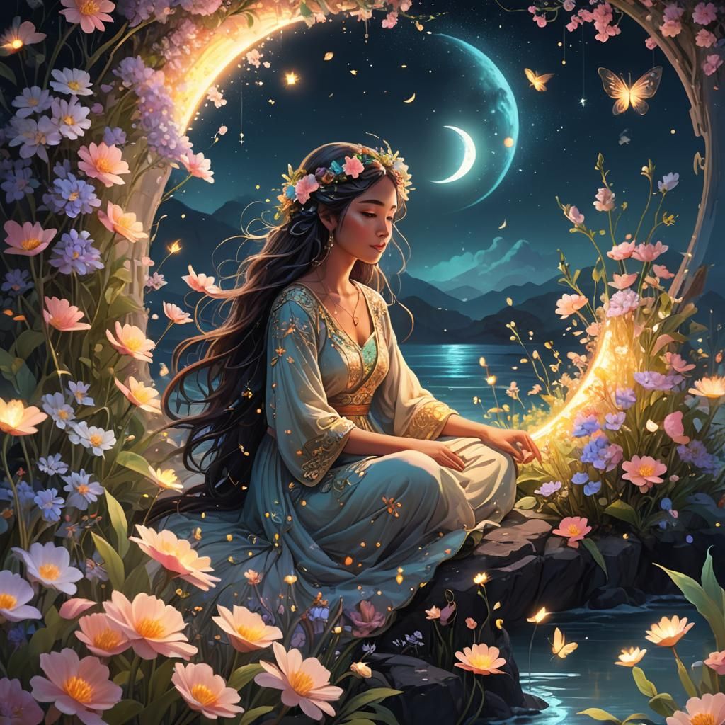 Mystical Being in Floral Crescent Dreamscape