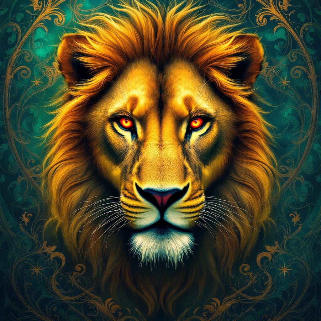 Golden Lion with Red Eyes in Fantasy Style