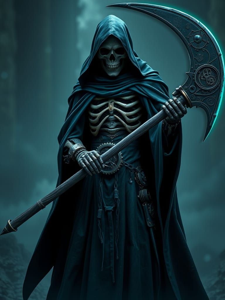 Steampunk Grim Reaper in Dark Teal Cloak and Hooded Cape