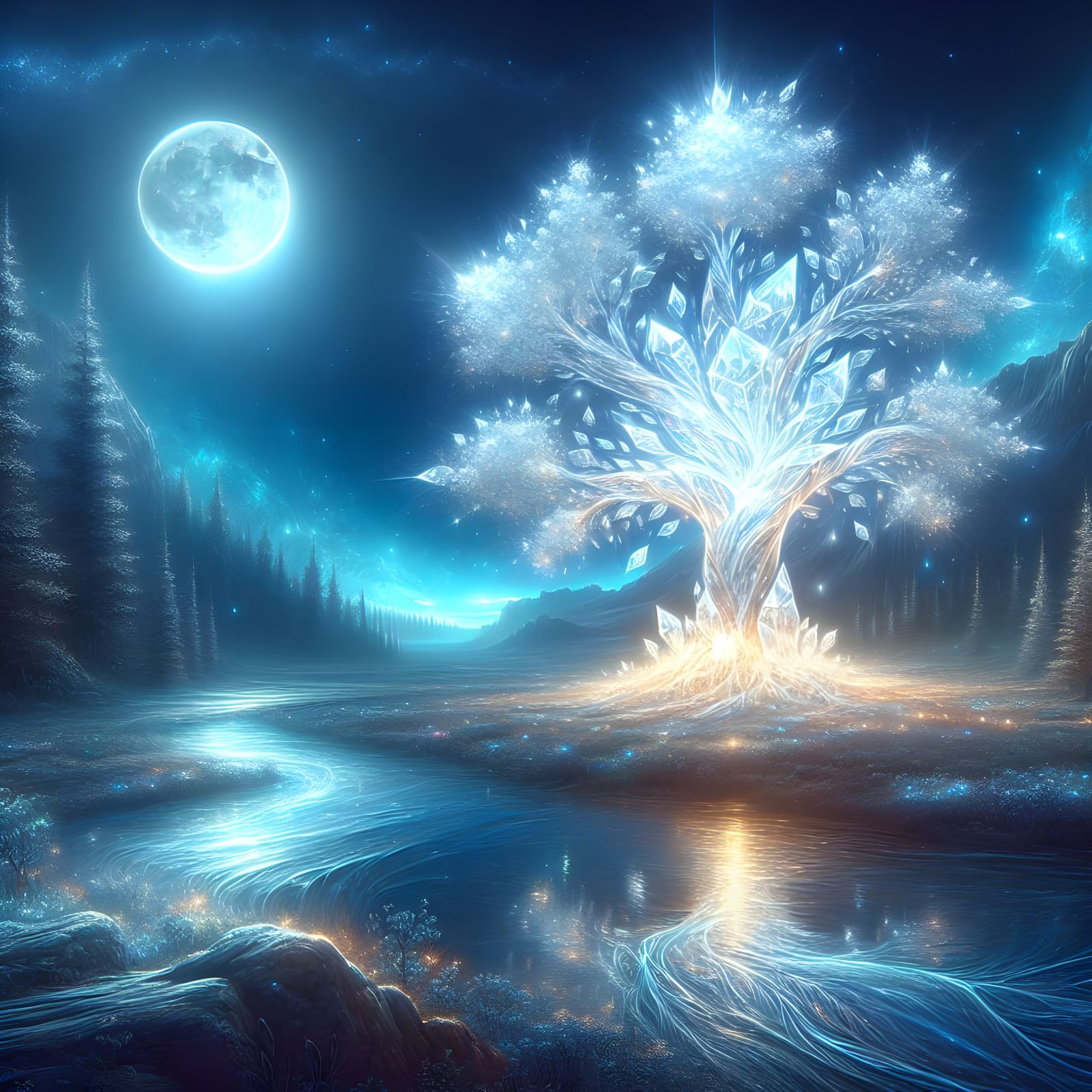 Crystal Tree Radiating Splendor Under Moonlight