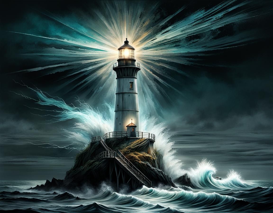 Lighthouse Shining by the Sea in Chalk Art