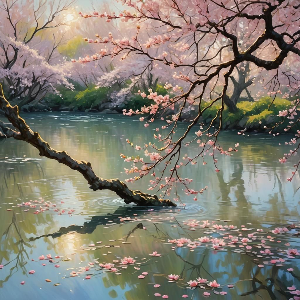 Impressionistic Cherry Blossoms Falling on River