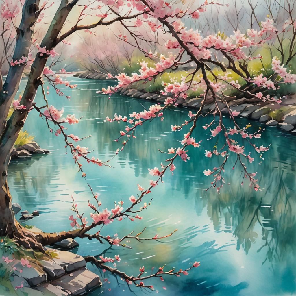 Cherry Blossoms on Rippling River: Impressionist Watercolor