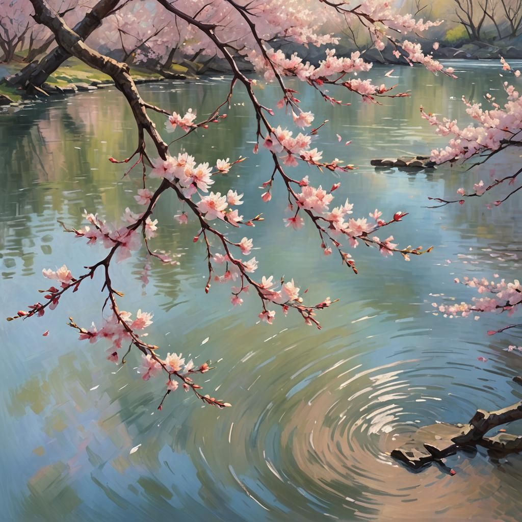 Impressionist Cherry Blossoms Falling on River