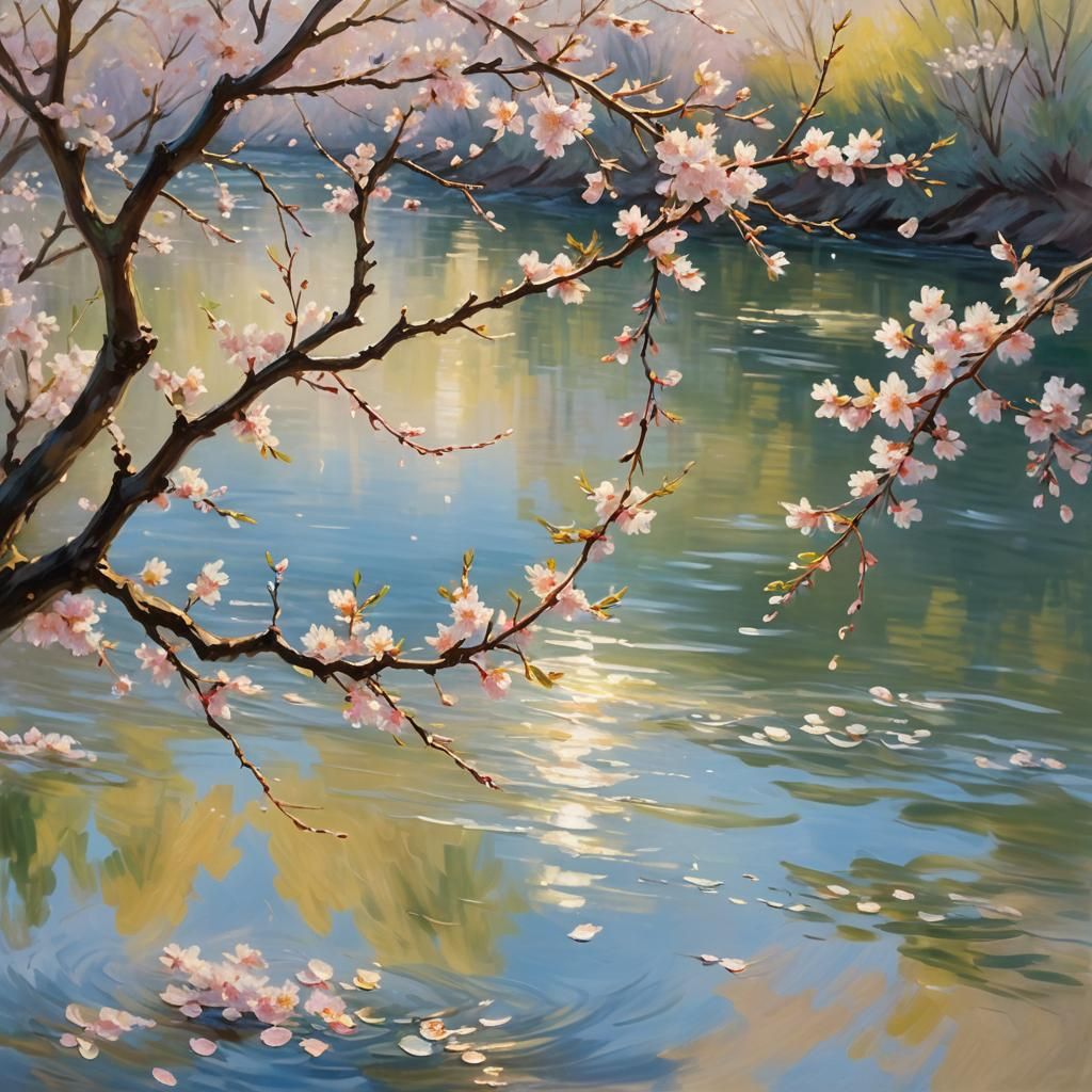 Cherry Blossoms on Rippling River: Impressionist Style