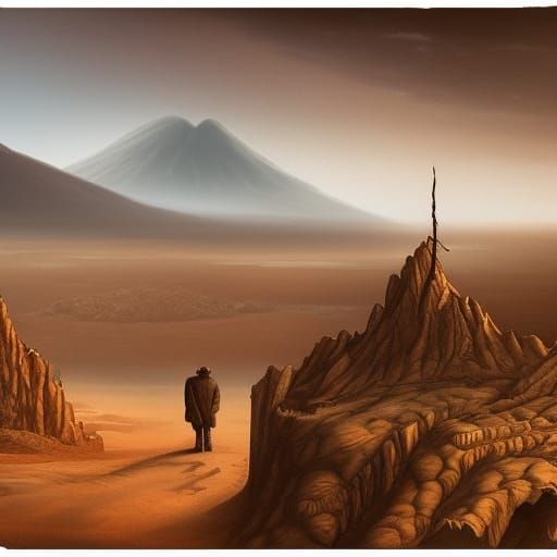 Desert Wanderer Meets Devil at Volcano: Fantasy Art