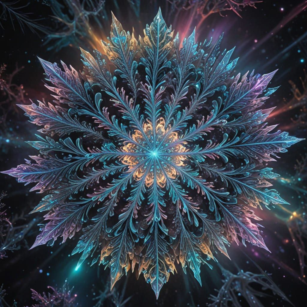 Ethereal Iridescent Snowflake in Cosmic Geometry