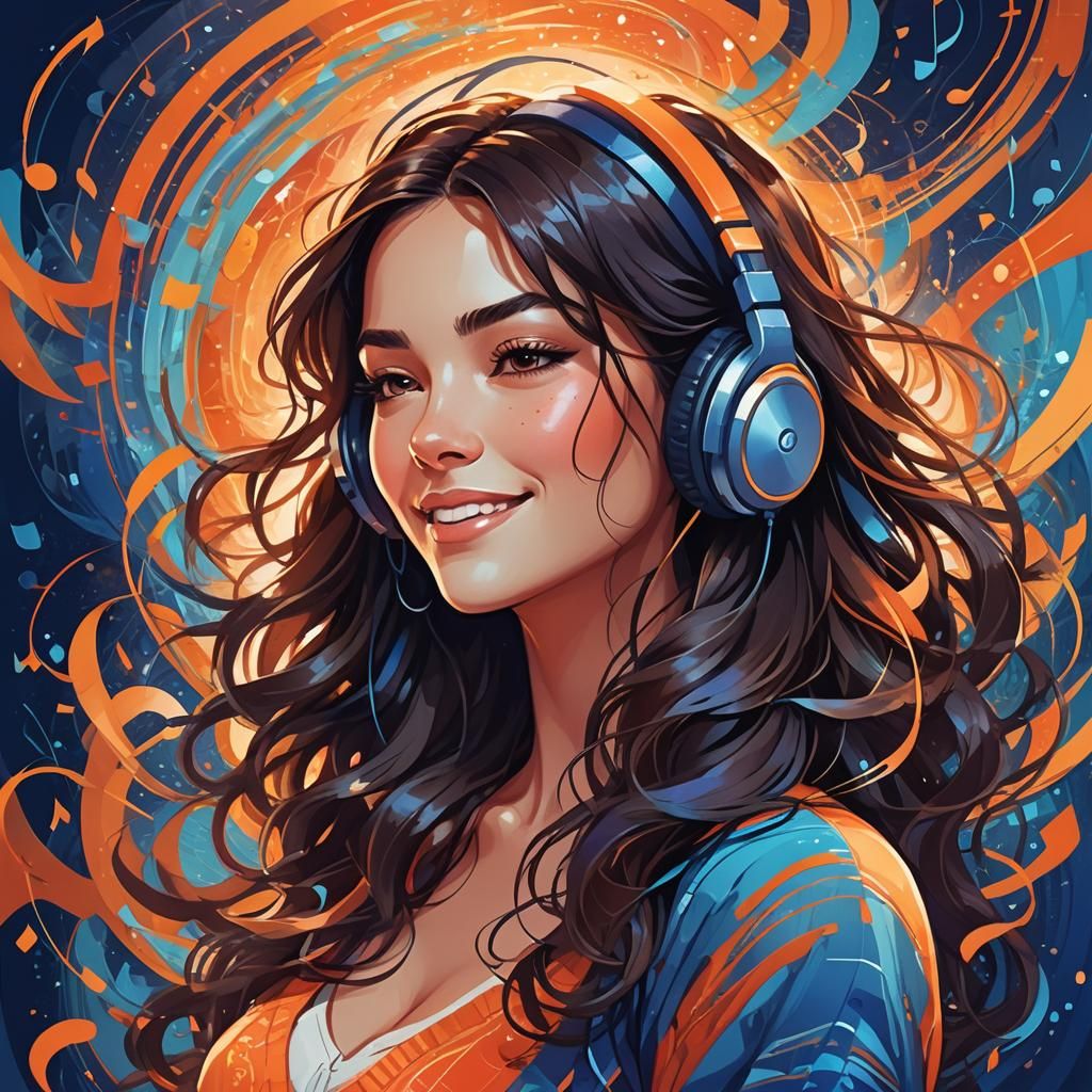 Cartoon Brunette Girl Listening to Music