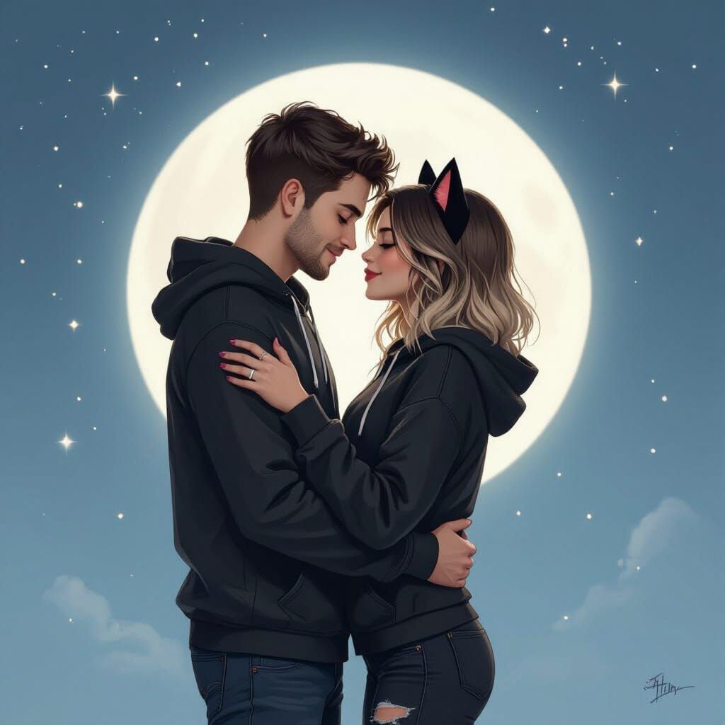 Couple Embracing Under Moonlight in Photorealistic Style