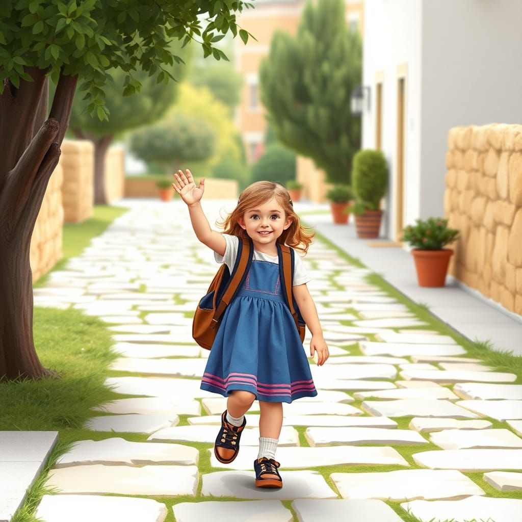 Girl Waving Goodbye on Her Way to School