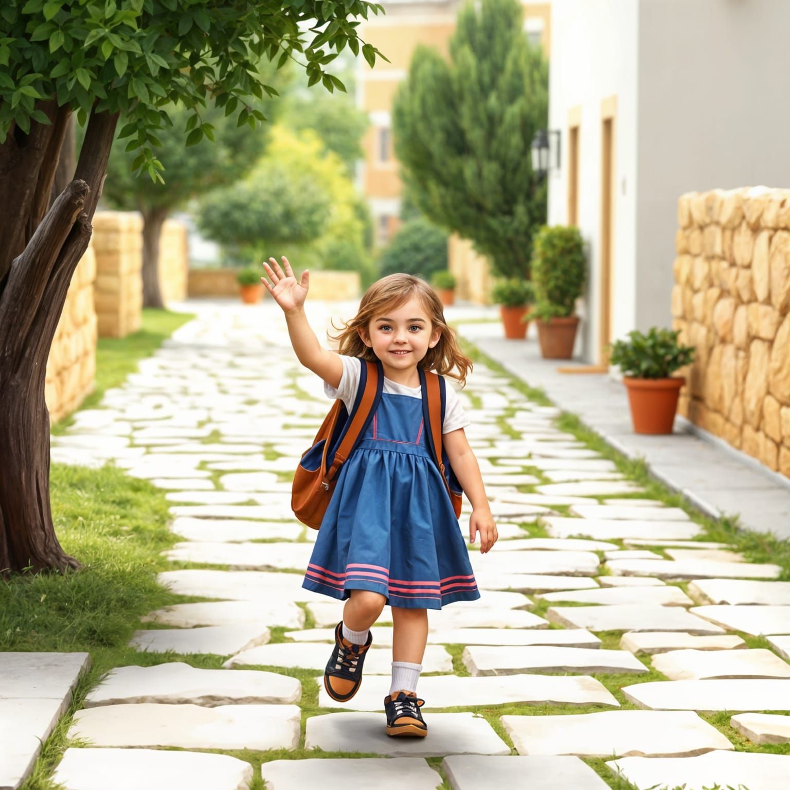 Greek Girl Waving Goodbye on Her Way to School