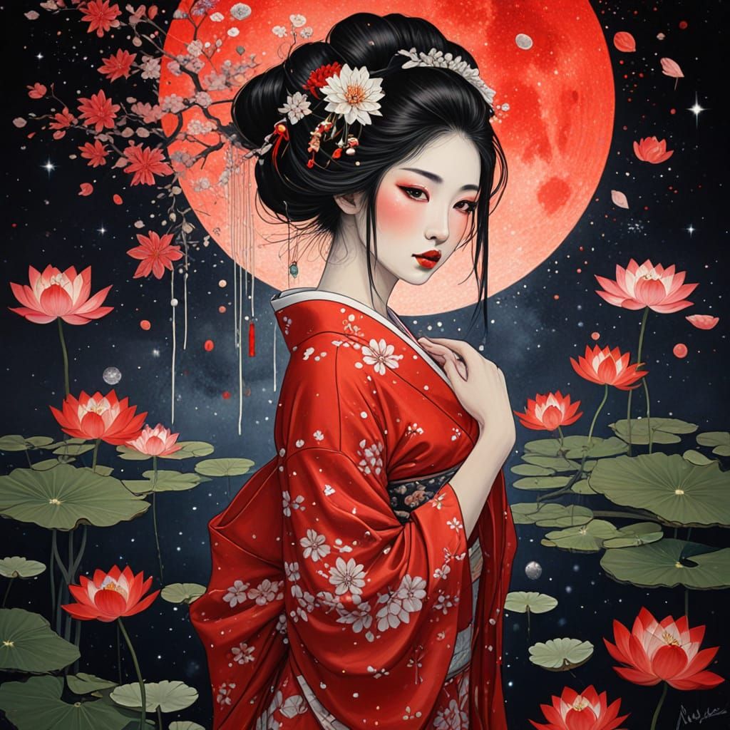 Geisha in Silver and Red Kimono Amidst Lotus Pond