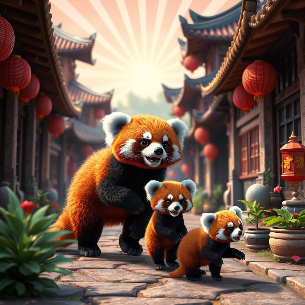 Red Pandas Explore Chinese Village in Animated Style