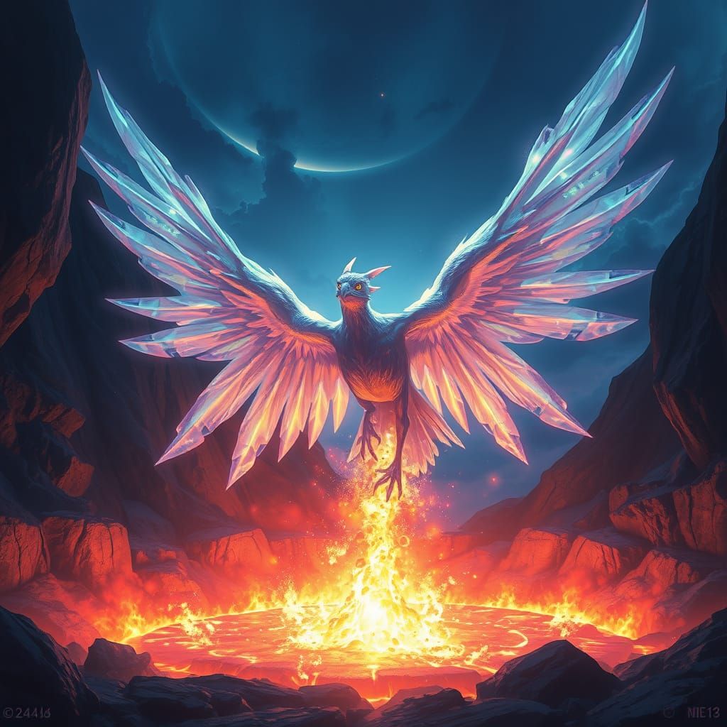 Iridescent Bird Rises From Fiery Pit