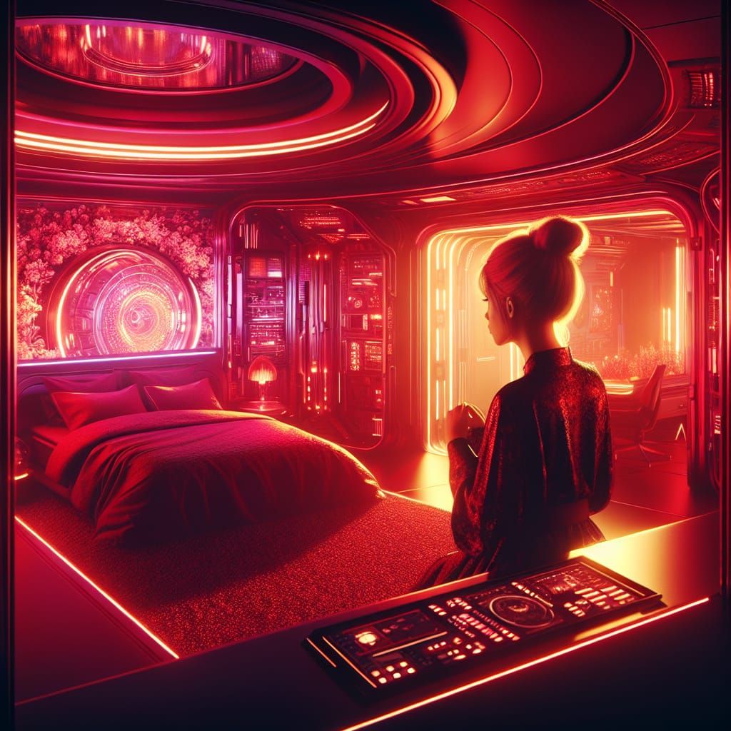 Futuristic Red Bedroom with Blonde Woman