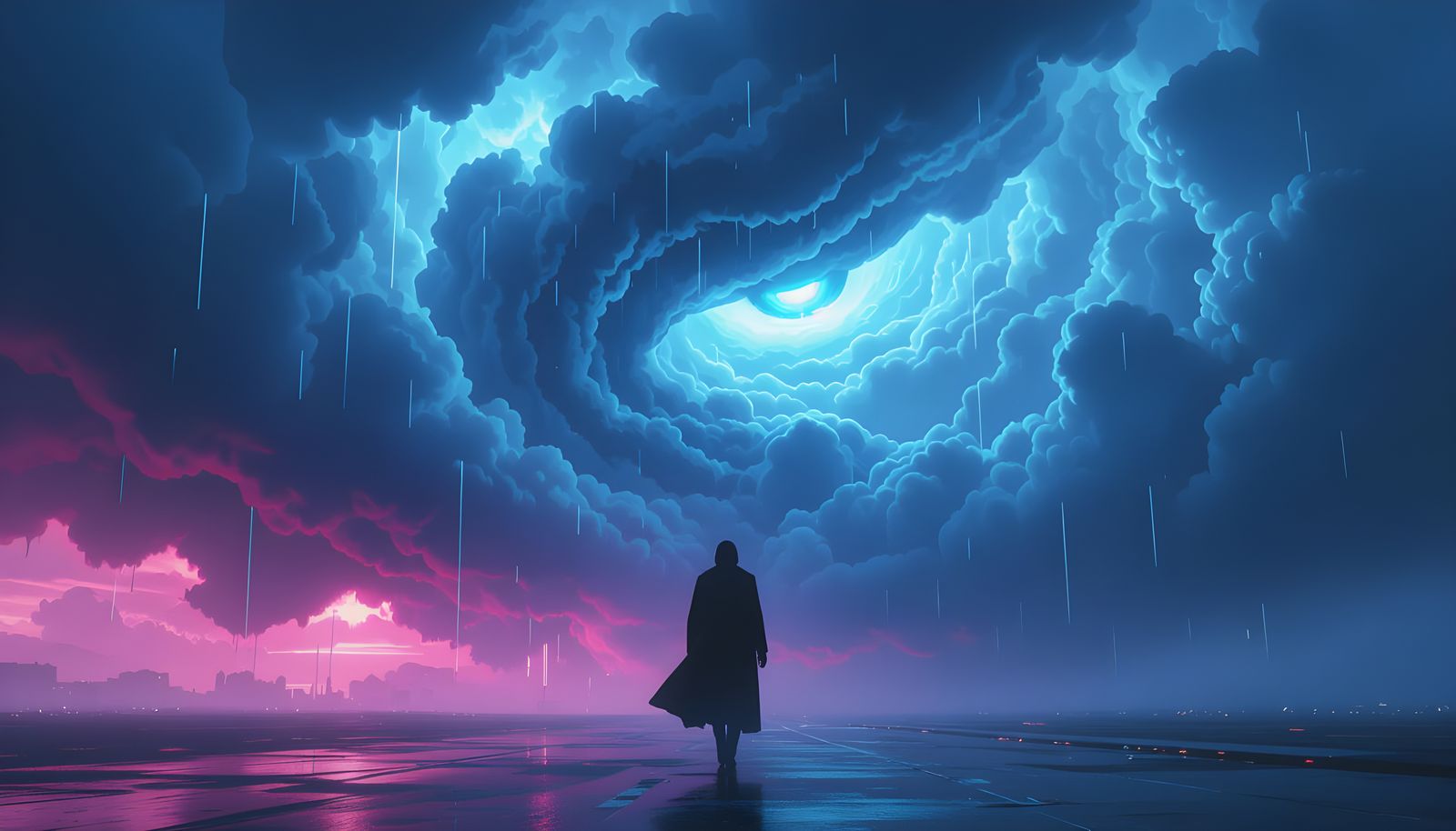 Surreal Storm Clouds with Glowing Eyes and Neon Highlights