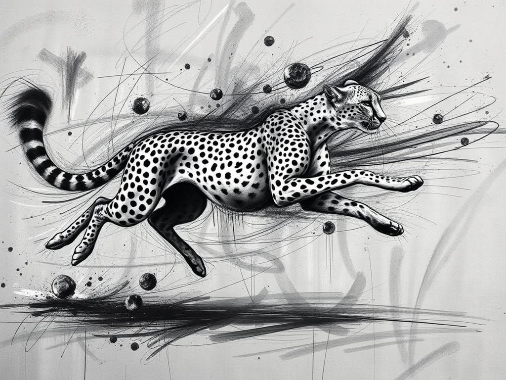 Abstract chalk drawing of a running cheetah, motion blur