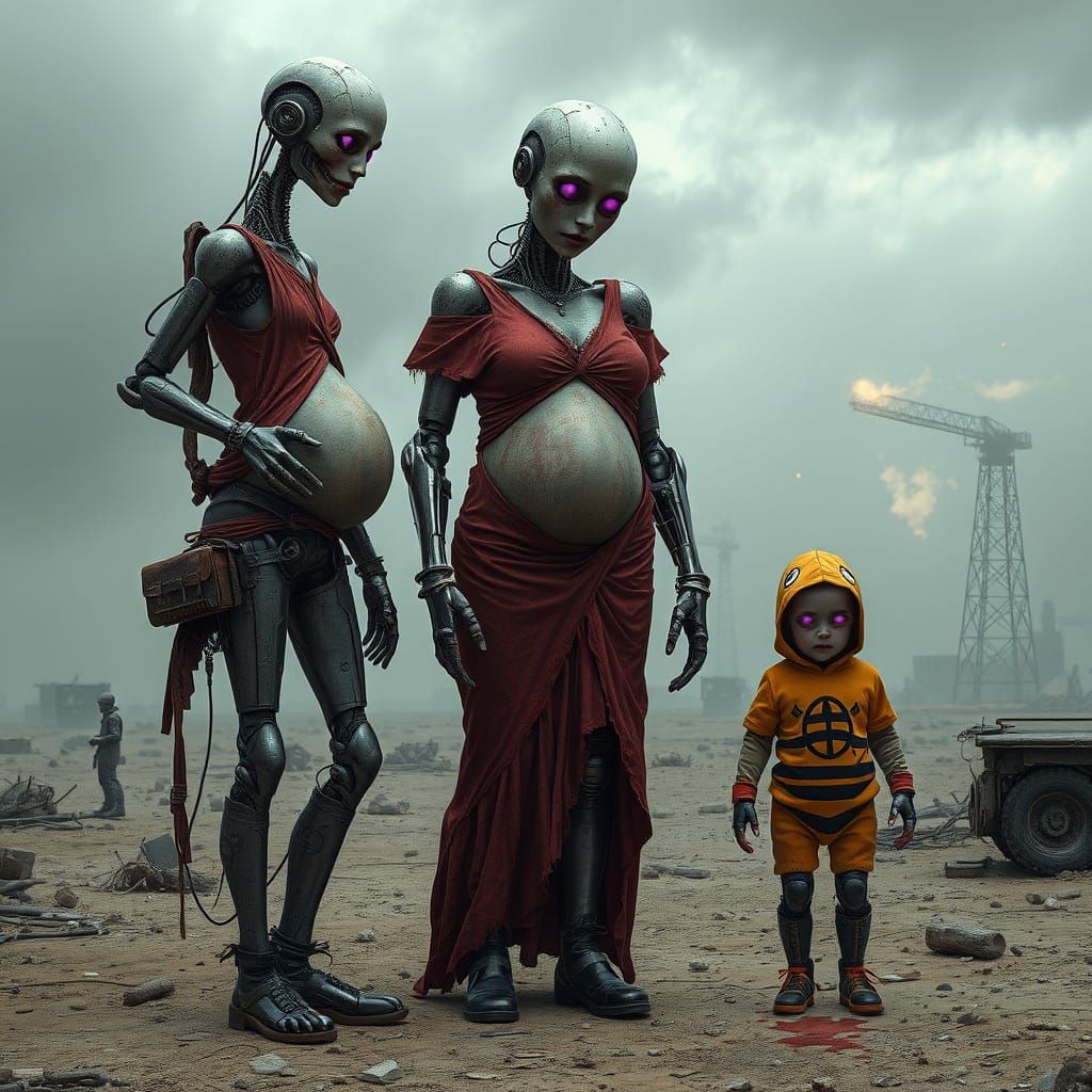 Cyborg Family in Post-Apocalyptic Wasteland