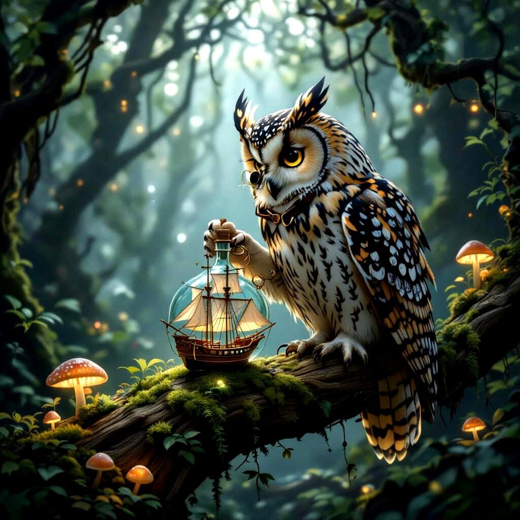 Majestic Owl Crafts Tiny Ship in Enchanted Forest