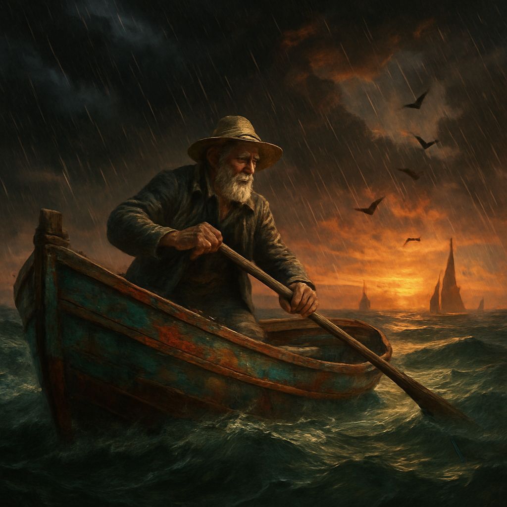 Elderly Fisherman Navigating Stormy Seas: Digital Painting