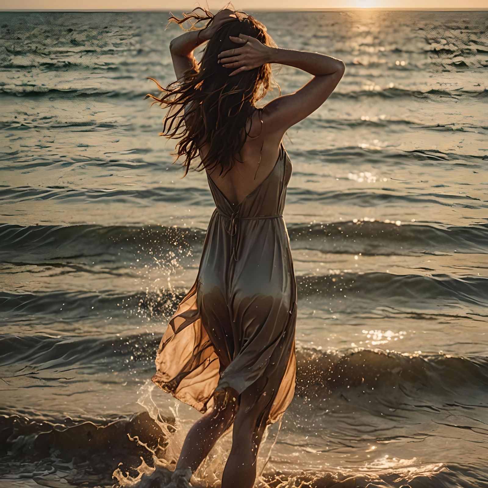 Girl Emerges from Sea at Sunset, Cinematic Style