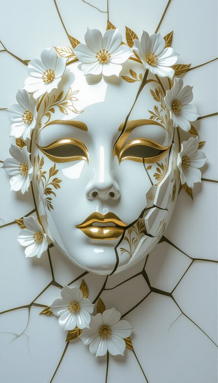 Shattered Porcelain Mask Reveals Haunting Face, Art Nouveau ...
