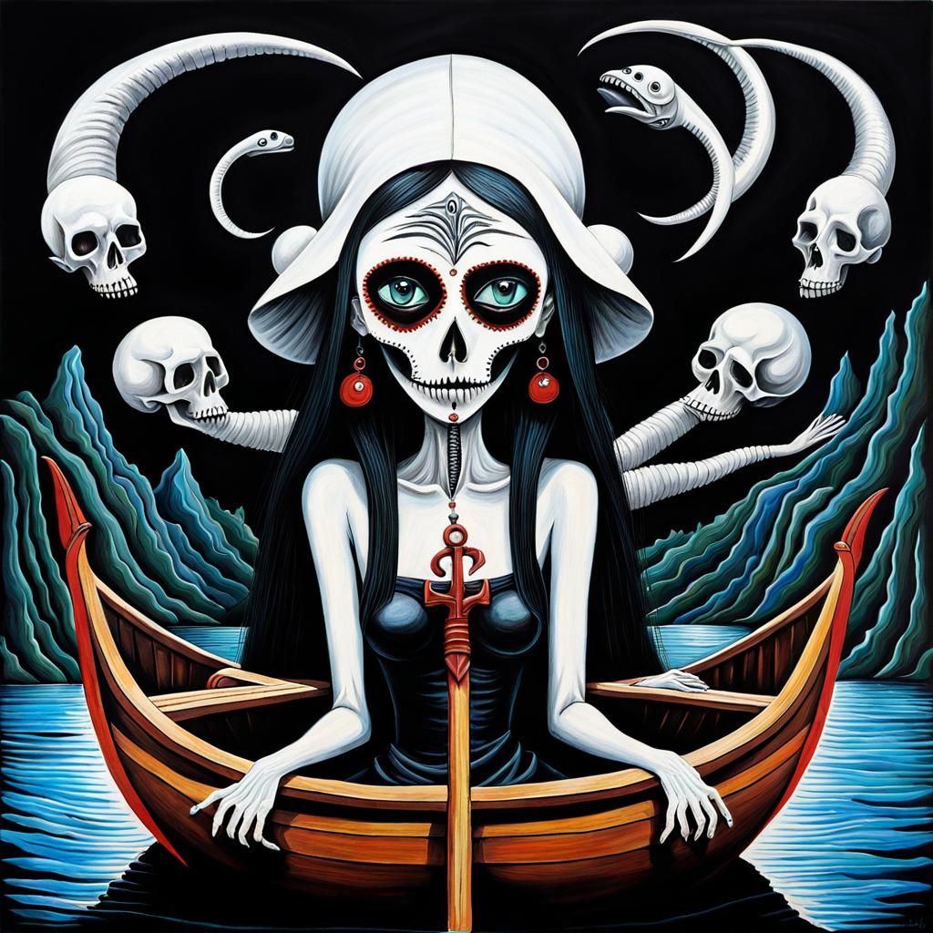 Charon Ferries Soul to Underworld: Mixed Media Folk Art