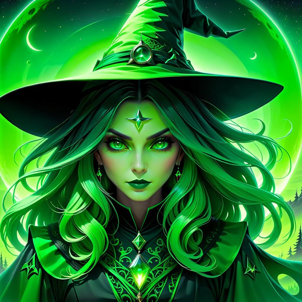 Hyperrealistic Green Witch in Hyperdetailed 3D Silhouette