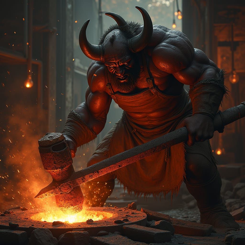 Dark Fantasy Blacksmith Forges Sword in Fiery Forge