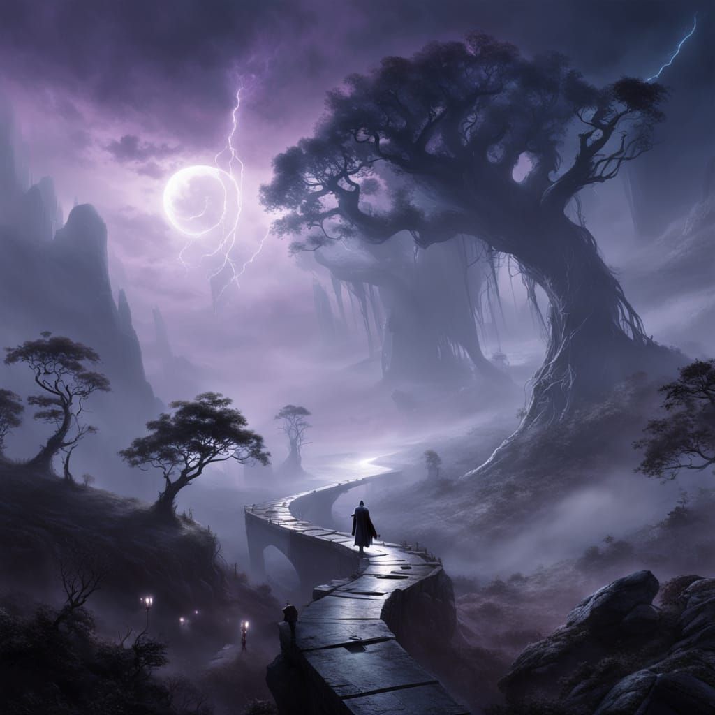 Ethereal Figure Walks Under Starry, Misty Night Sky