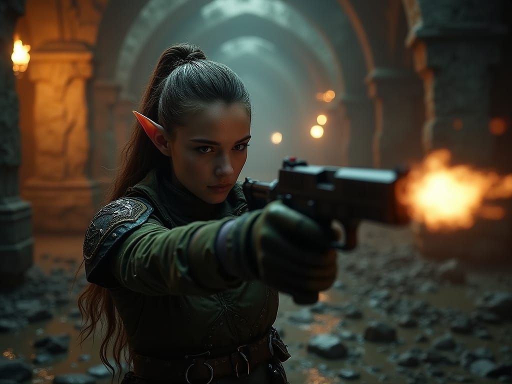 Dark Fantasy Elf Soldier Aims in Dungeon Battle