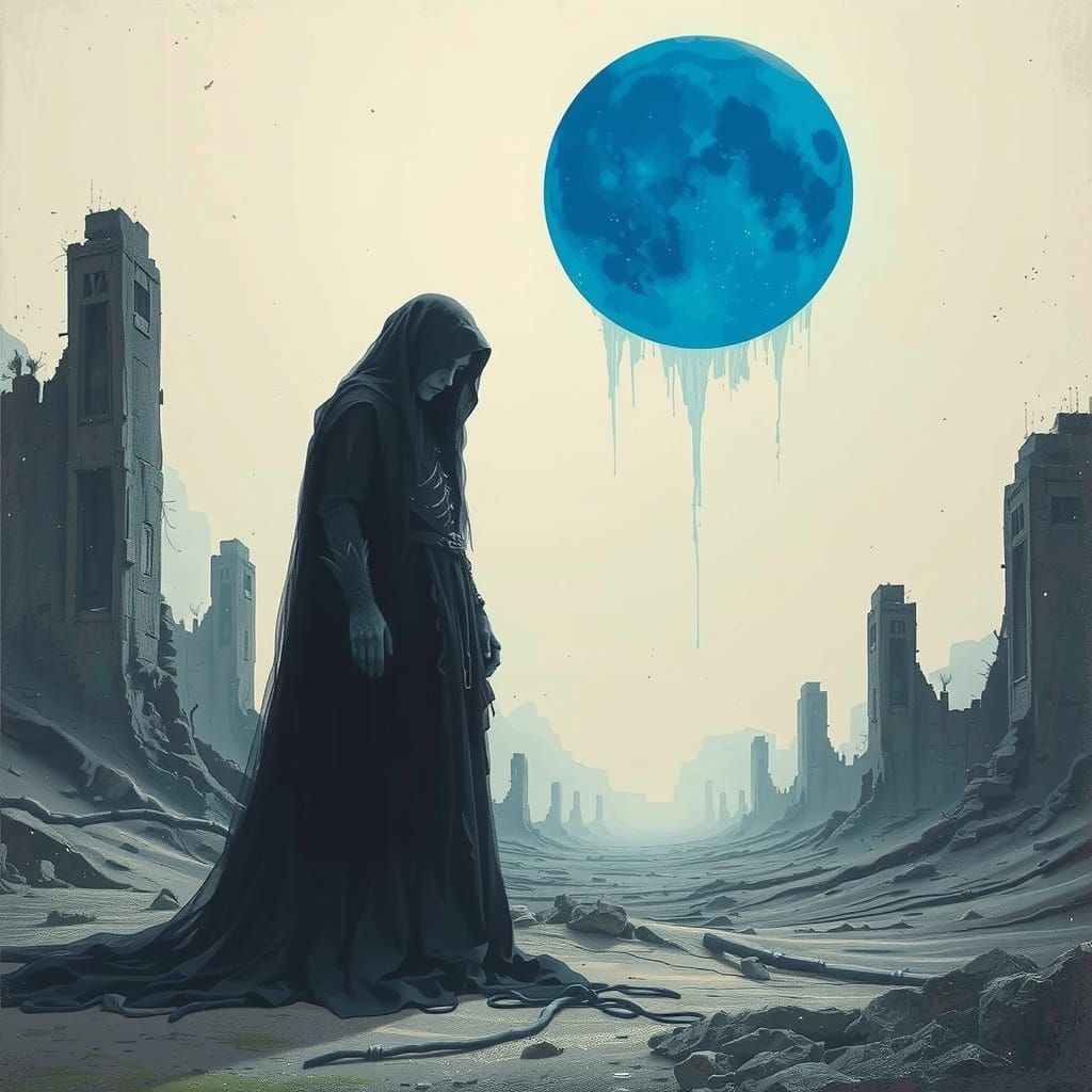 Dark Fantasy Figure Under Blue Moon, Cinematic Lighting