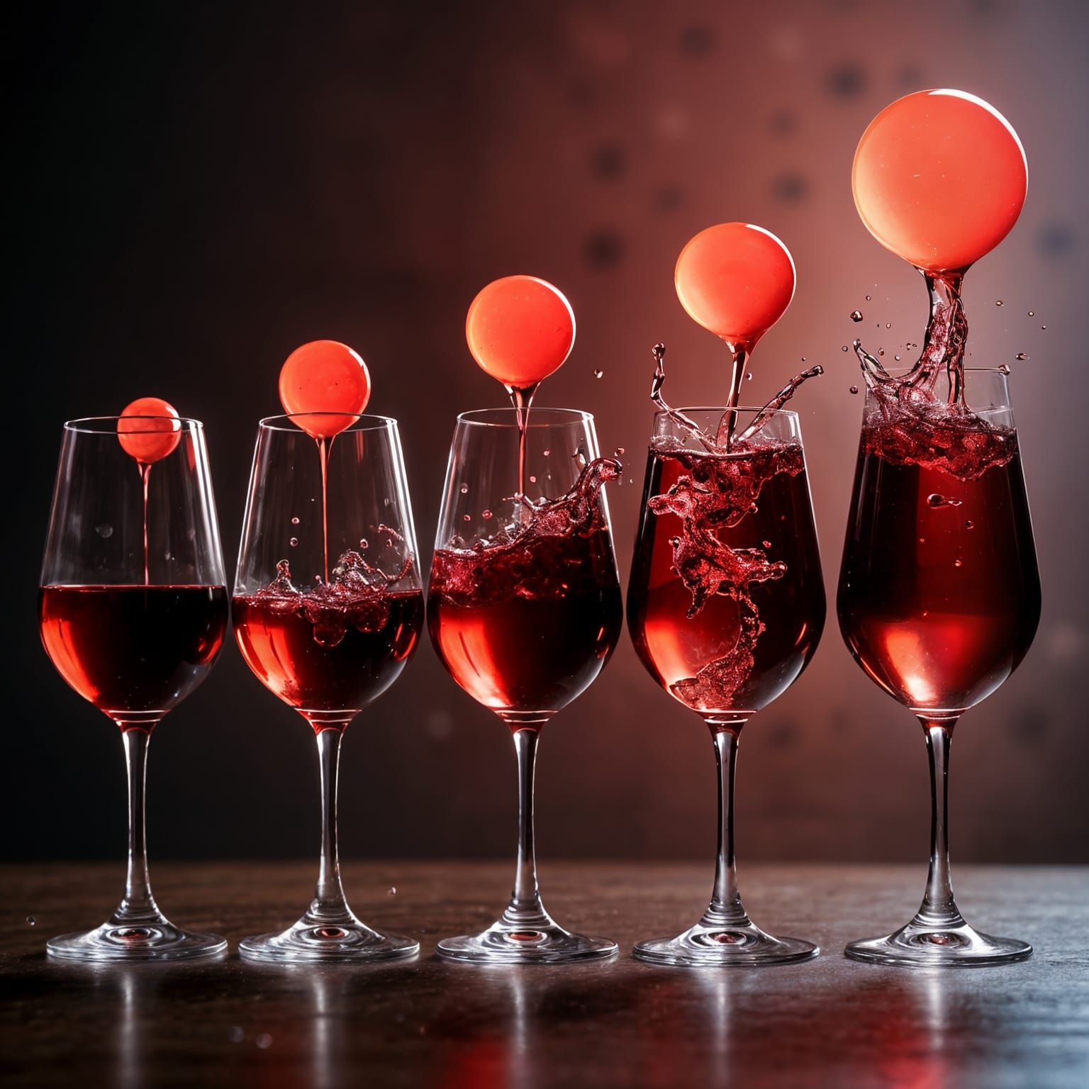 Hyperrealistic Wine Glasses with Overflowing Red Liquid