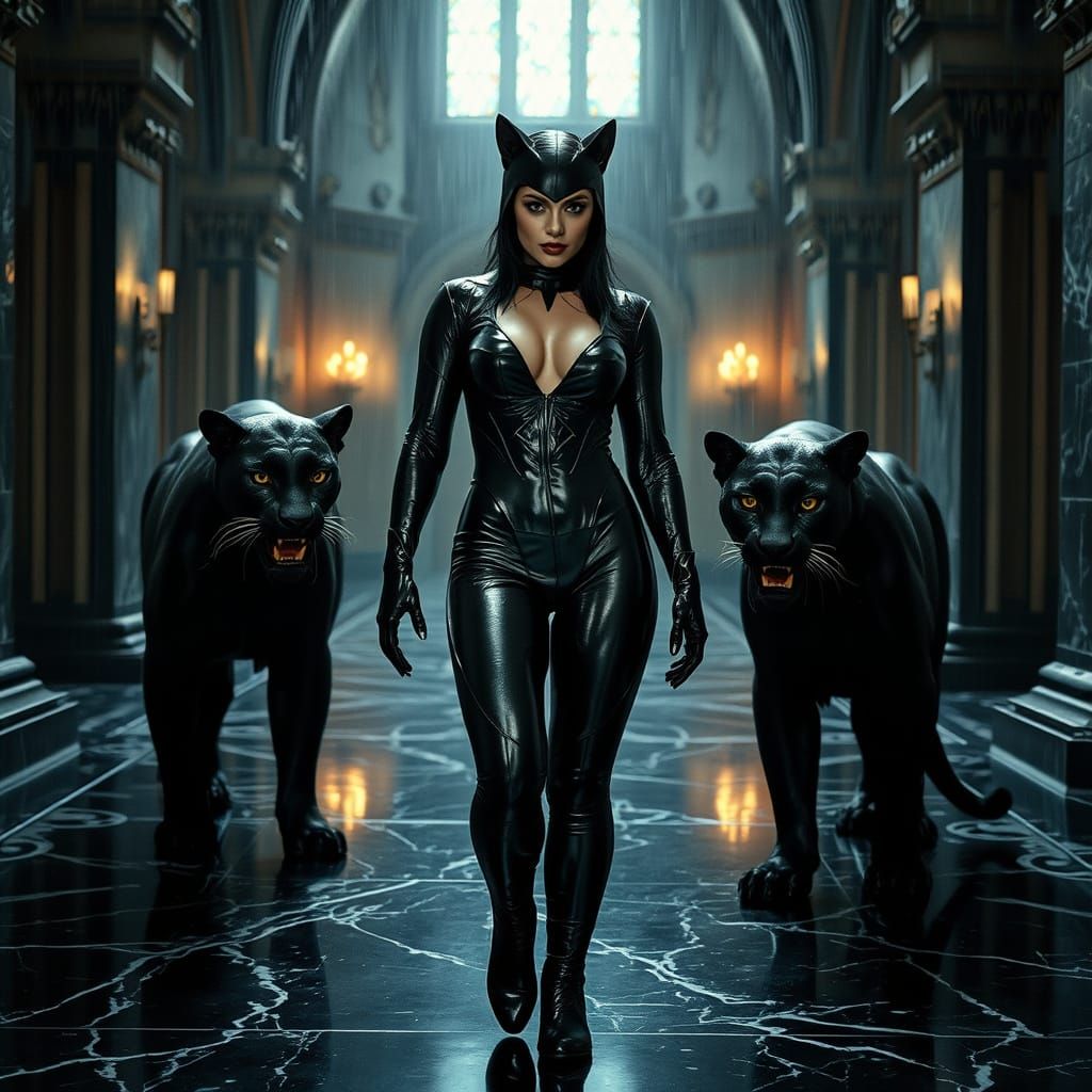 Ethereal Gothic Cat Heroine Surrounded by Majestic Black Pan...