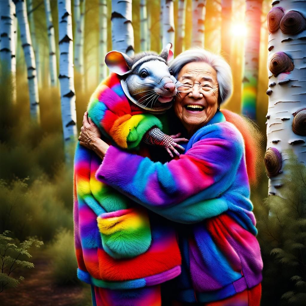 Laughing Woman Hugs Armadillo in Birch Forest