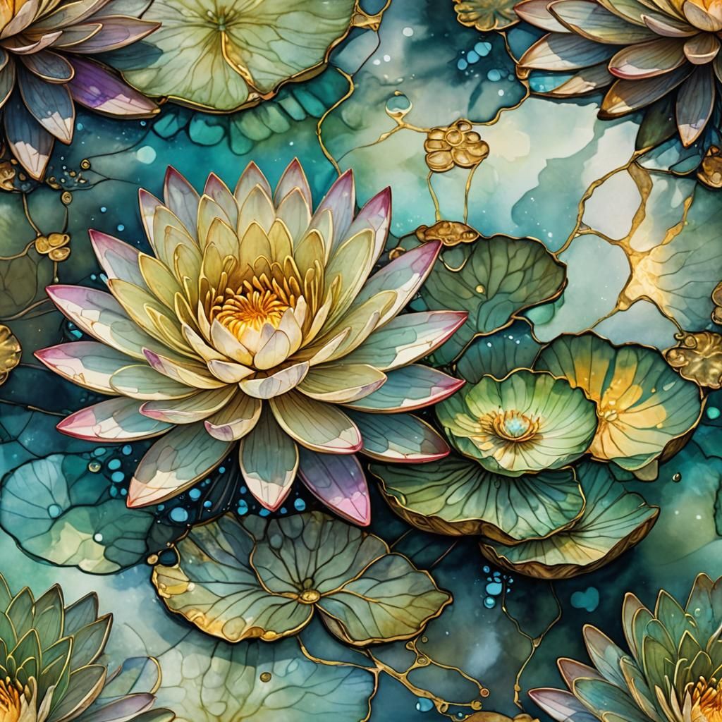 Ethereal Waterlily in Radiant Pastels with Metallic Gold Acc...