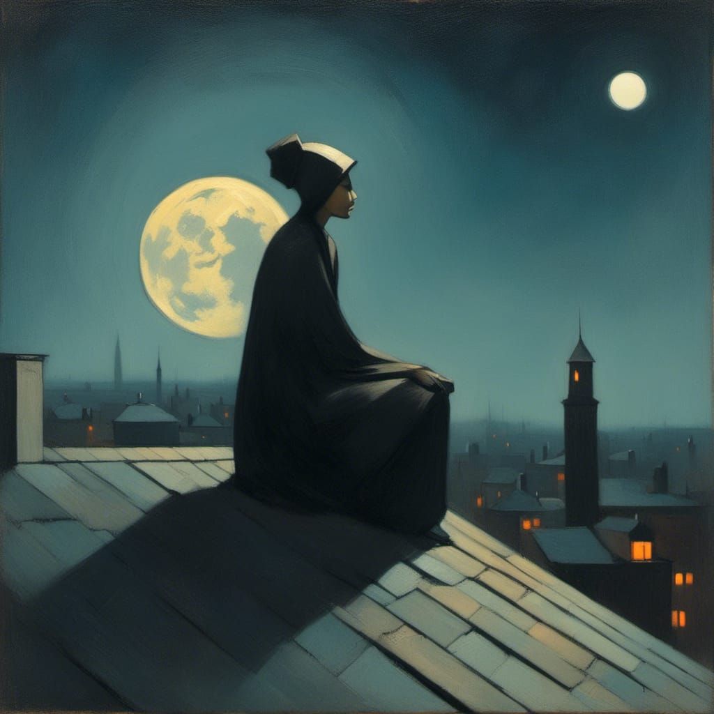 Woman on Skyscraper Roof Under Full Moon