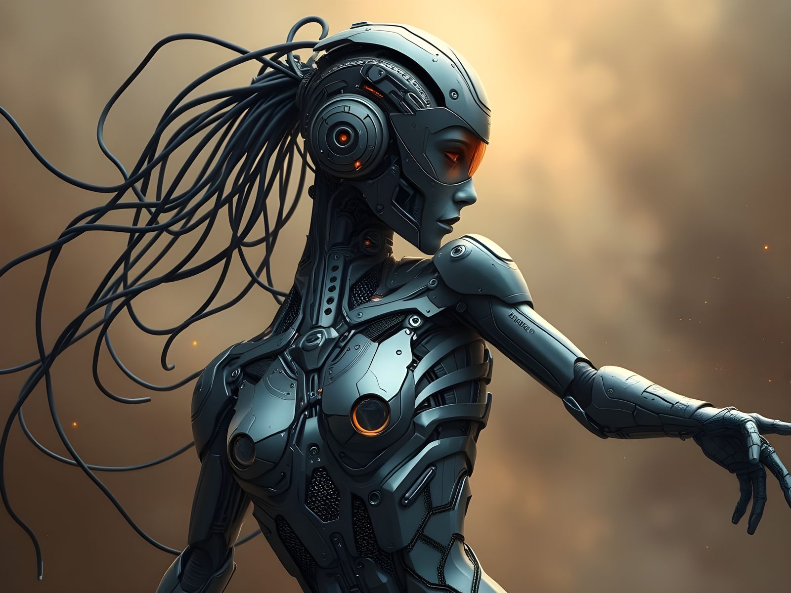 Android with Biomechanics and Circuitry in Digital Painting