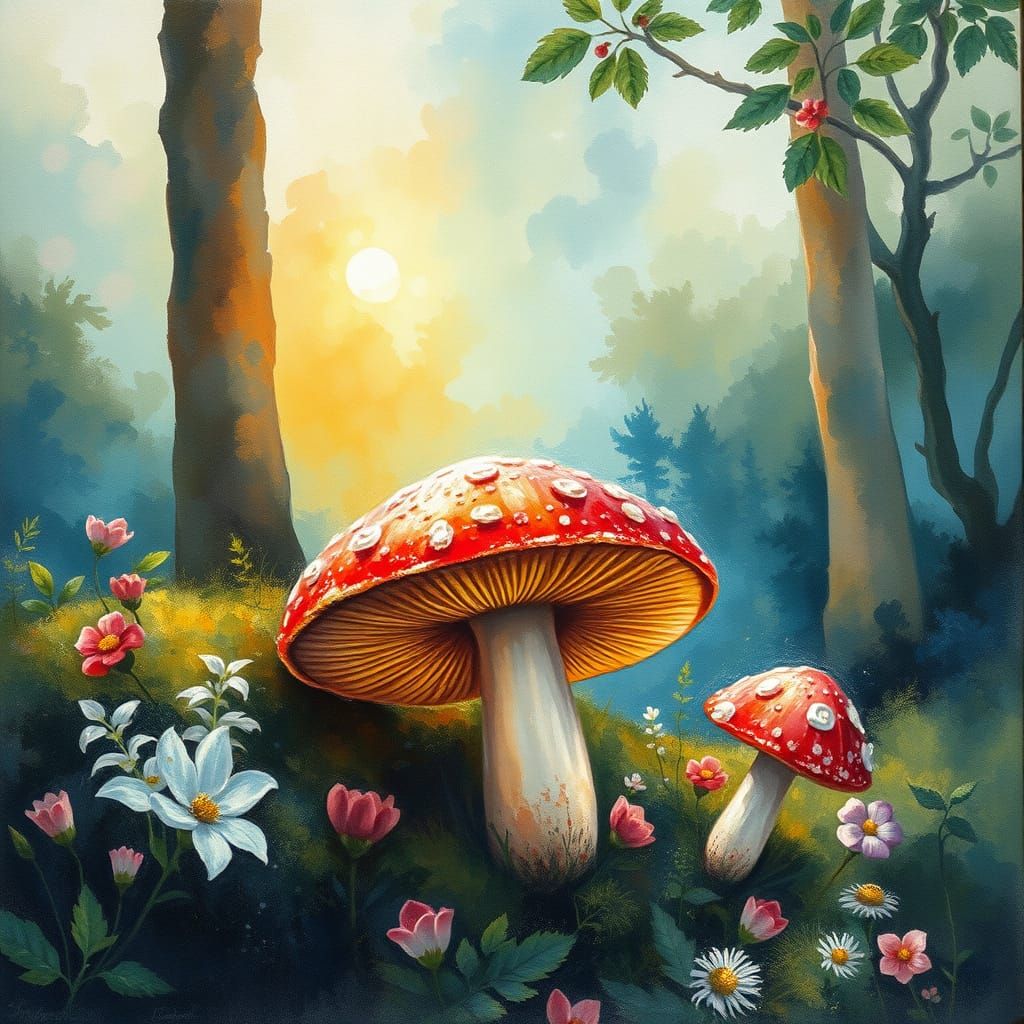 Colorful Mushroom in Forest, Impressionist Gouache Style