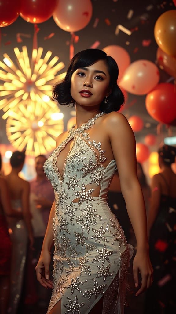 Asian Woman in Lavish Flapper Dress, New Year's Eve Glamour