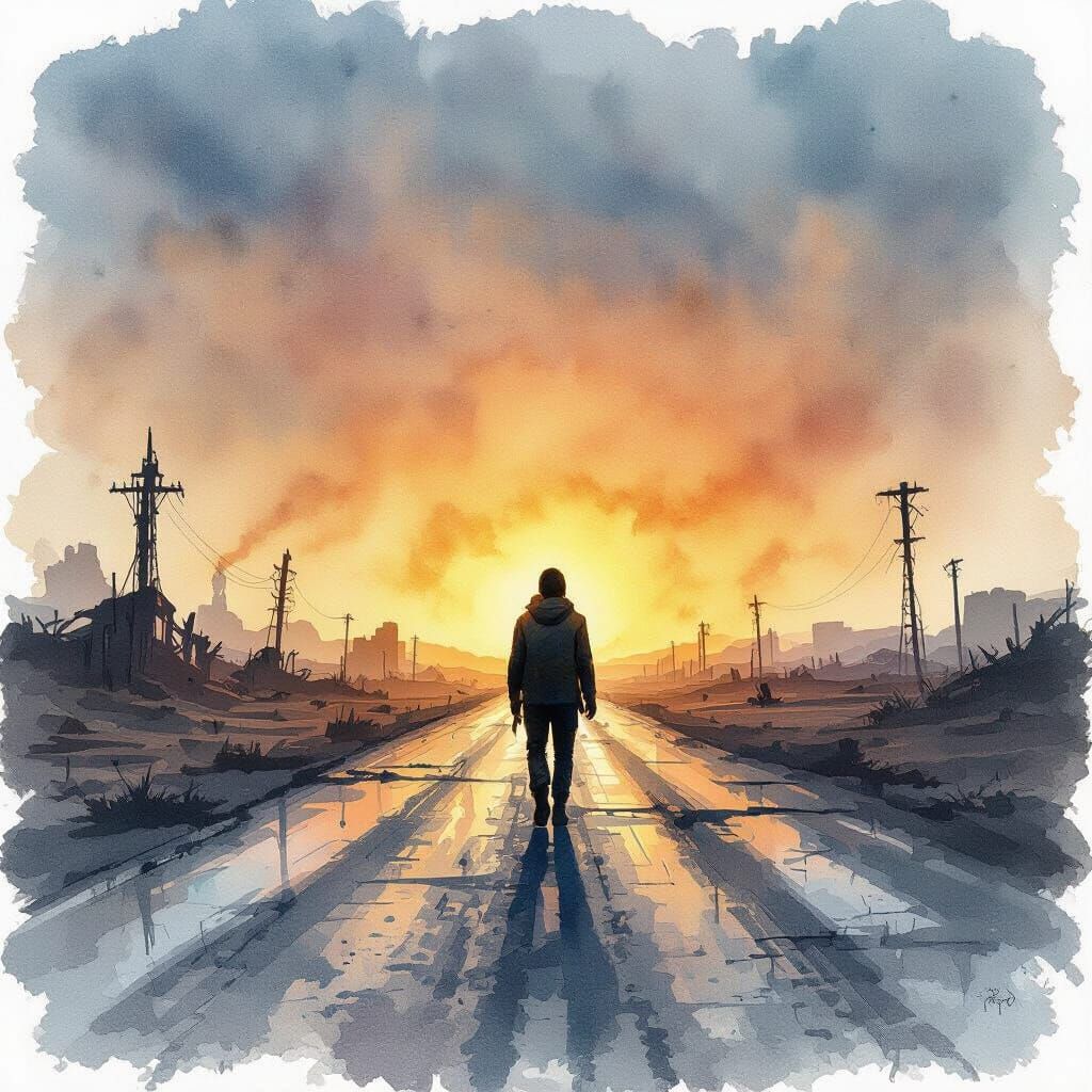Post-Apocalyptic Figure in Watercolor and Ink