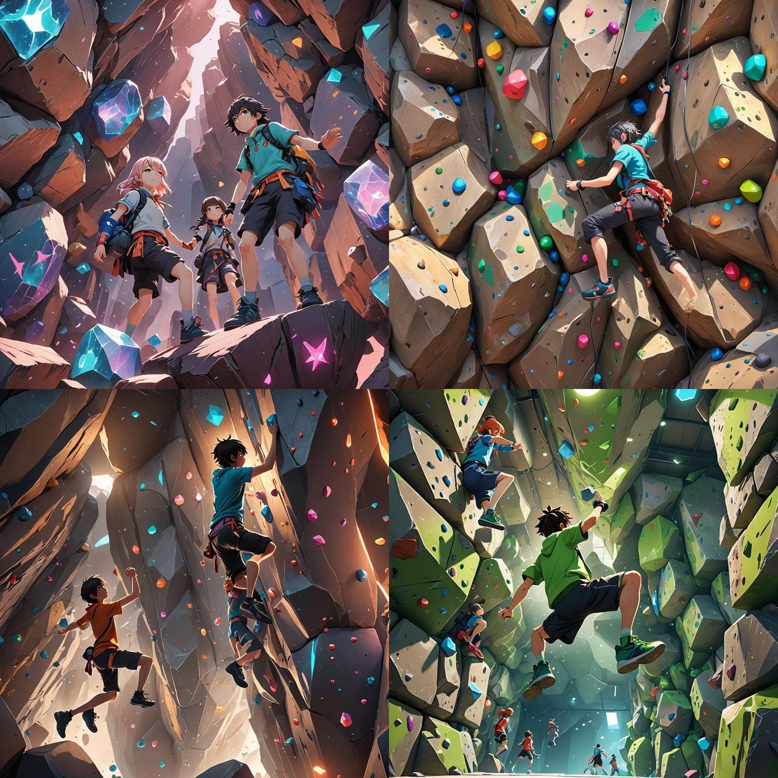 Children Bouldering in 3D Anime Art Style