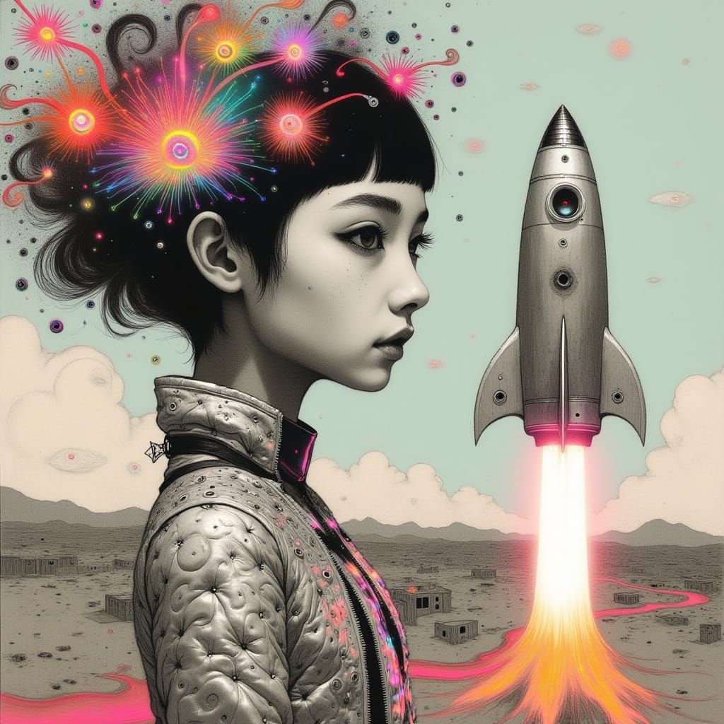 Enigmatic Woman Amidst Retro-Futuristic Rocket Launch