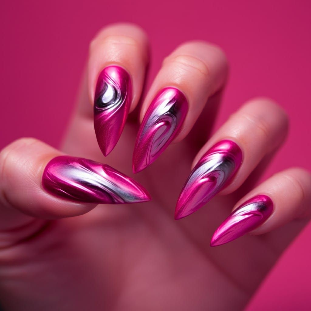 Vibrant Pink Nail Art in Futuristic Style