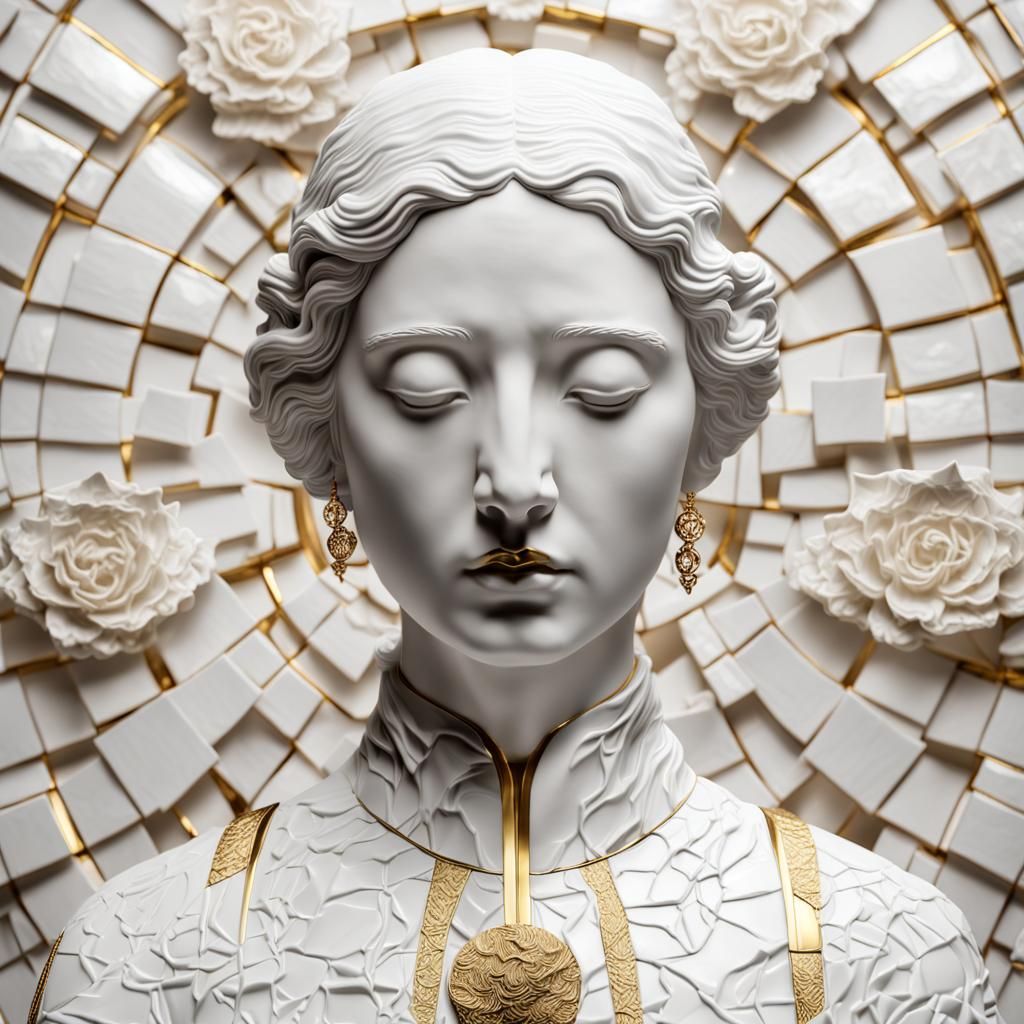 Kintsugi Porcelain Bust in Surreal Desert Landscape