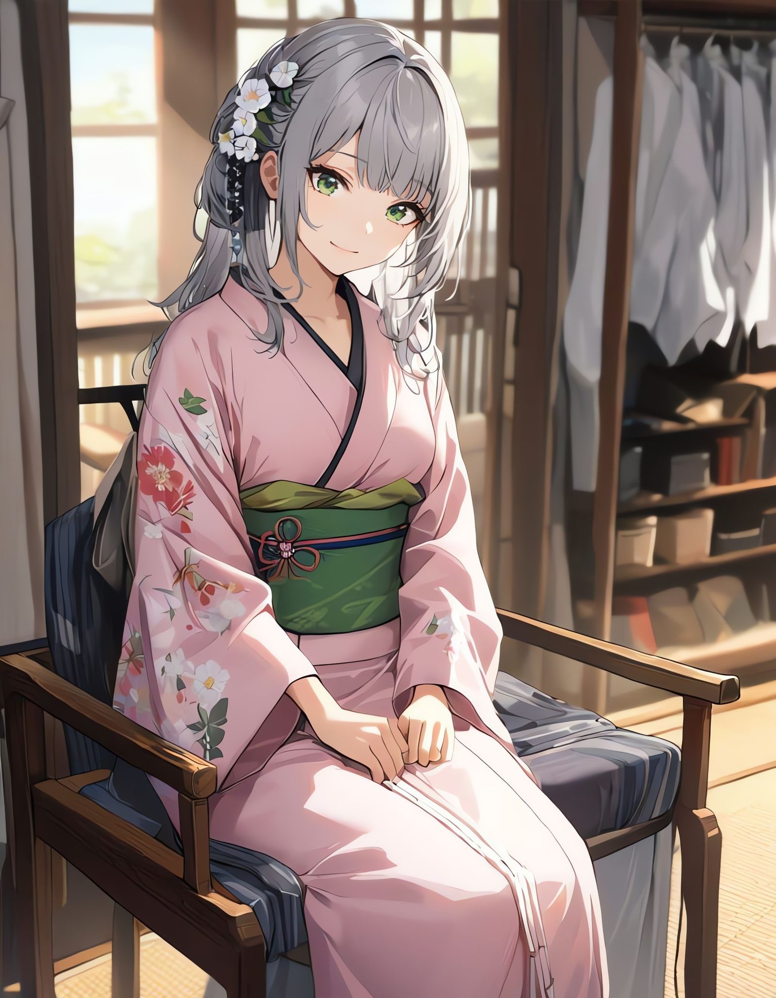 Japanese Kimono Model Sits in a Traditional Home