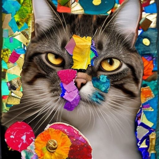 Vivid Cat Collage with Watercolour and Fabric