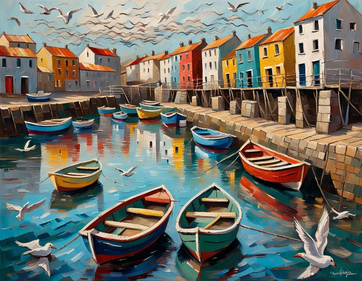 Colorful Fishing Harbor in Impasto Style